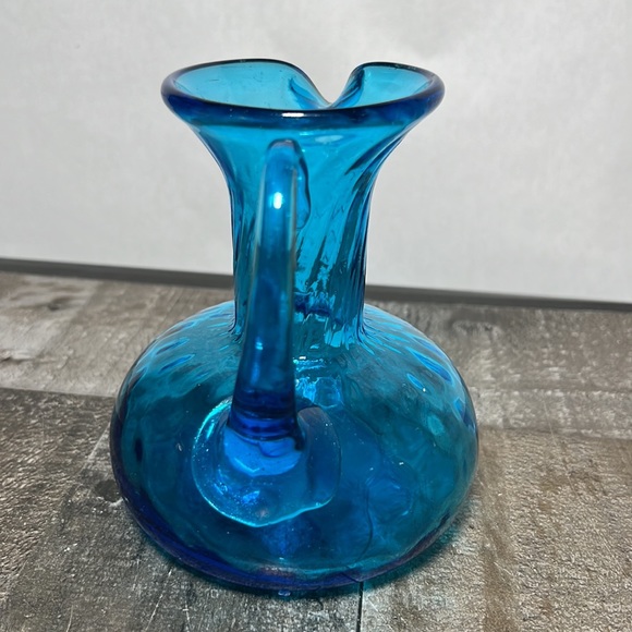 Small Blue Hand Blown Glass Pitcher Unique Design - Picture 2 of 7